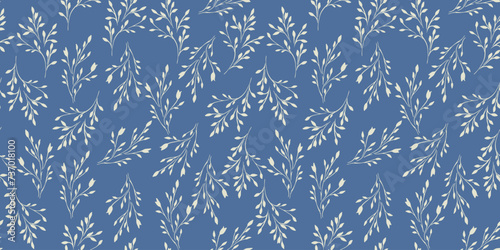 Bi color contour silhouette abstract tiny stems seamless pattern on a blue background. Vector hand drawn sketch. Simple collage gently flat branches printing. Template for design, patterned