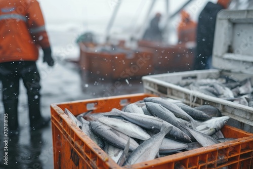 Off loading fresh caught Tuba fishes at harbor. Slight motion blur. Northern ocean fishery, fishing industry. © LivroomStudio