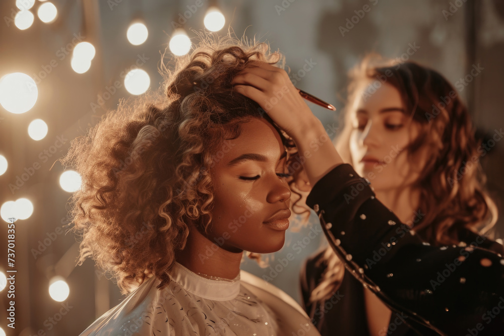 Woman is getting her hair done by professional hair stylist. This image can be used to showcase hairstyling services or as representation of self-care and beauty treatments Woman is getting her hair done by professional hair stylist. This image can be used to showcase hairstyling services or as representation of self-care and beauty treatments