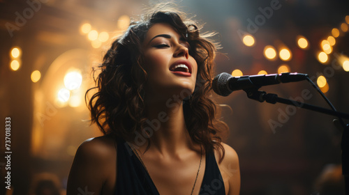 A Woman Singing on Stage with a Microphone and a Spotlight © Graphics.Parasite