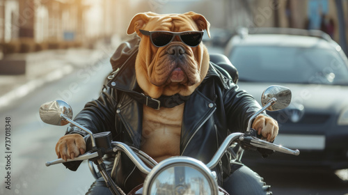 A dog wearing sunglasses is sitting on a motorcycle. A dog biker a motorcycle outdoors. Middle shot. Funny Dog biker with sunglasses and black leather coat riding motorbike in the city street. © Nataliia_Trushchenko