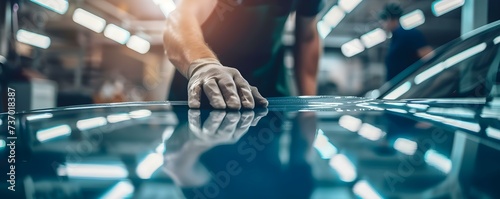 Skilled auto mechanic applying protective film on a cars surface in workshop. Concept Auto Maintenance, Protective Film Application, Car Workshop, Skilled Mechanic, Automotive Surface Protection photo