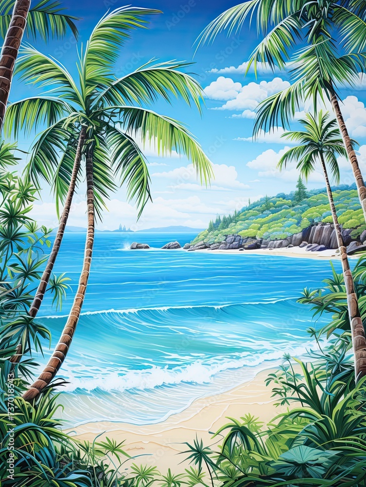 Turquoise Caribbean Shorelines: Acrylic Landscape Art with a Modern Beach Style