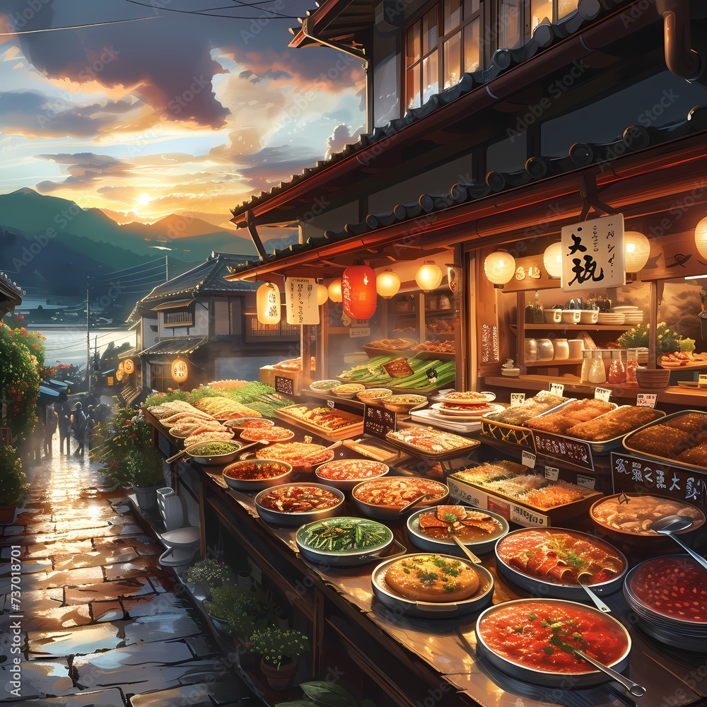 Traditional Japanese Food Market at Dusk with Scenic Mountain View