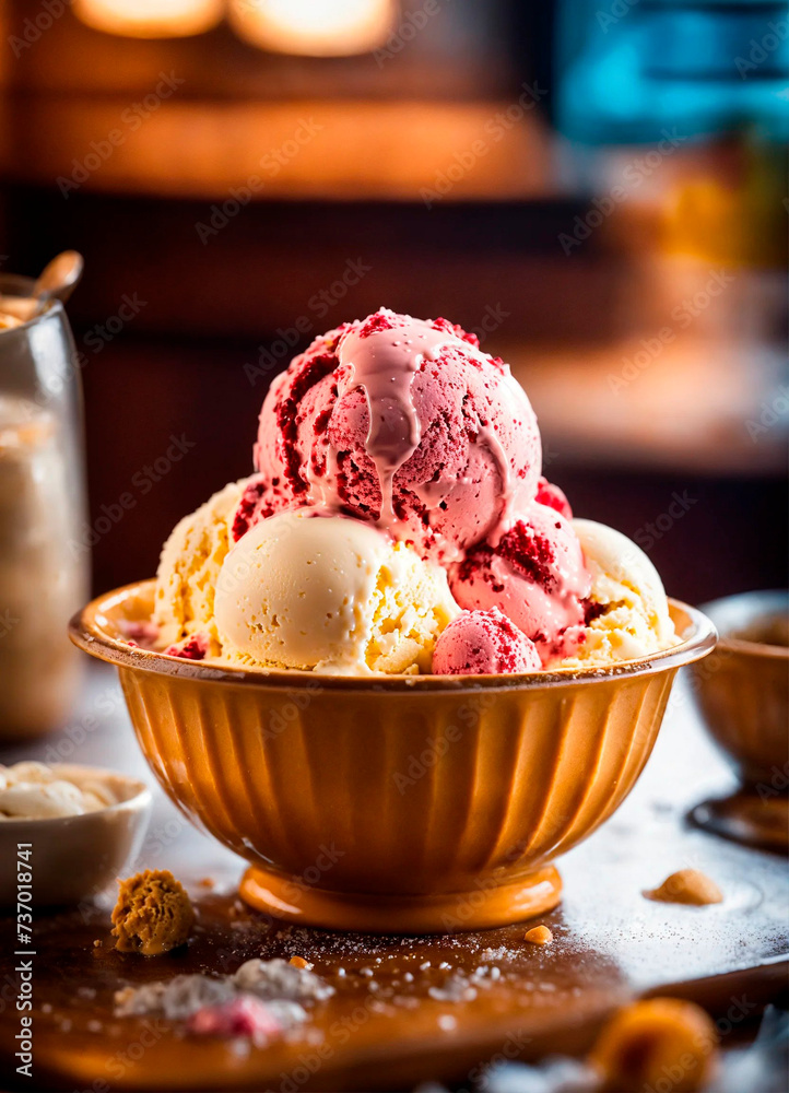 different ice creams in a plate. Selective focus.