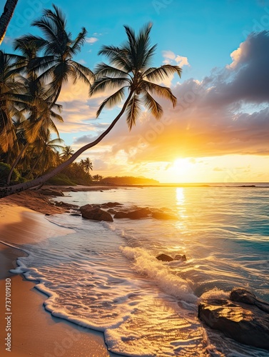 Golden Hour Radiance: Turquoise Caribbean Shorelines Embraced in Beach's Golden Splendor