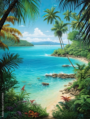 Turquoise Caribbean Shorelines  Secluded Beach Paradise Island Artwork