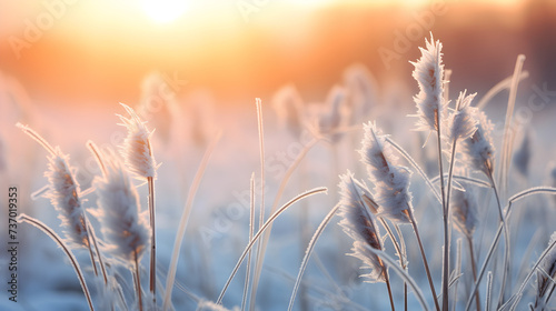 Frost-covered stalks of dried plants in the meadow in winter during sunset on a blurred background  winter background 