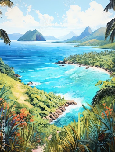 Turquoise Caribbean Shorelines: High View of Coast Mountain Landscape © Michael