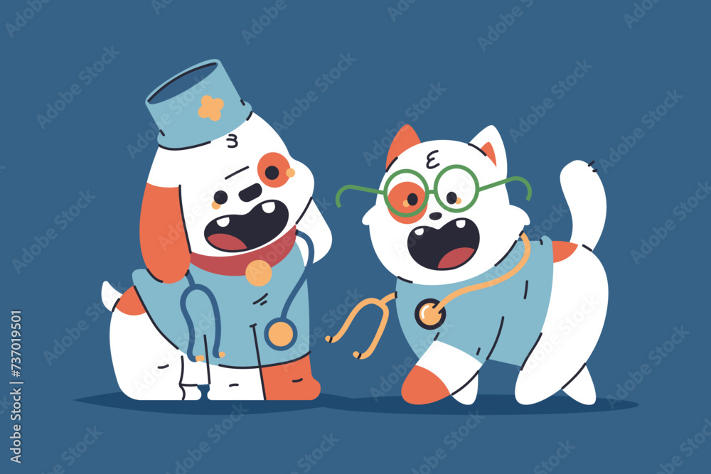 Cute kitten and puppy veterinarian doctor vector cartoon characters illustration isolated on background. Cute kitten and puppy veterinarian doctor vector cartoon characters illustration isolated on background.