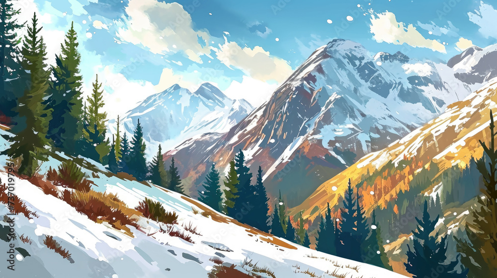 Beautiful painting of snow covered mountain with tall pine trees. Perfect for winter-themed designs and nature-inspired projects