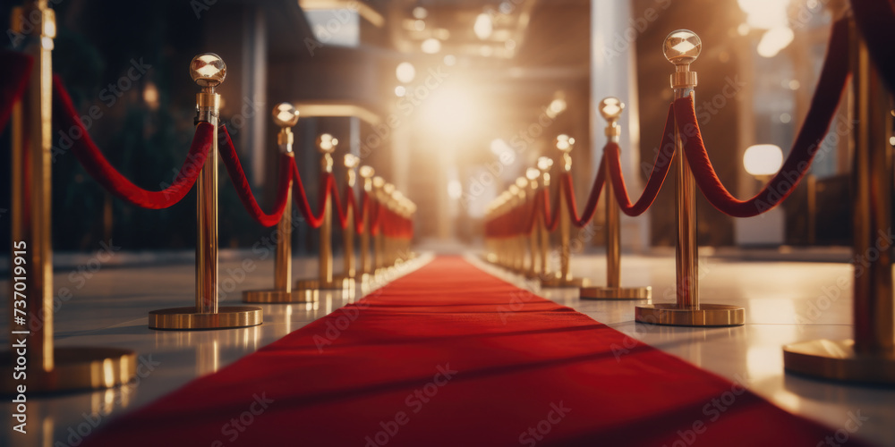 Picture of red carpet with gold poles. Can be used for event decorations or glamorous settings