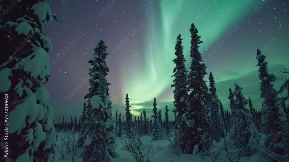 Naklejka premium Aurora Borealis lights up sky over beautiful snowy forest. Perfect for nature and winter-themed projects