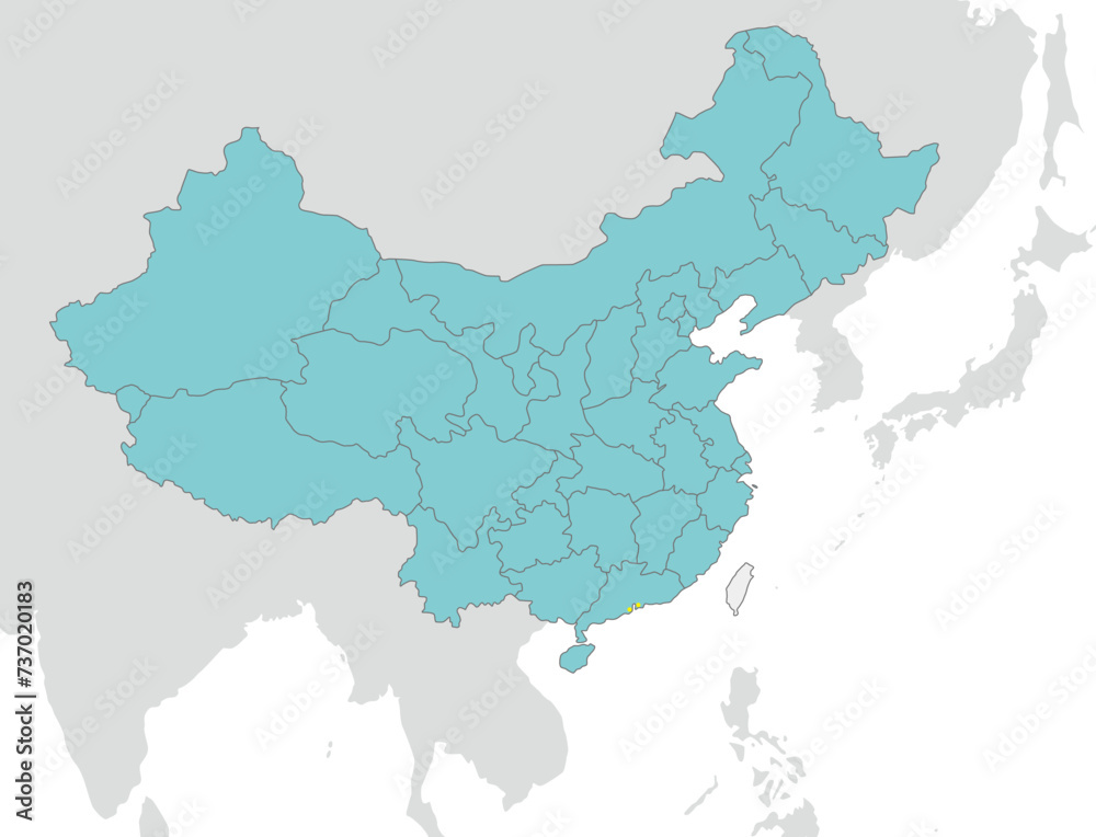 中国と台湾の地図、省の境界線、ユーラシア大陸と日本のシルエット、香港とマカオの場所