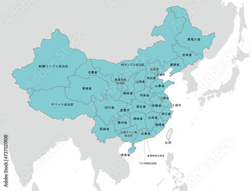 中国と台湾の地図、省の境界線、香港、マカオ、日本語の地名入り photo