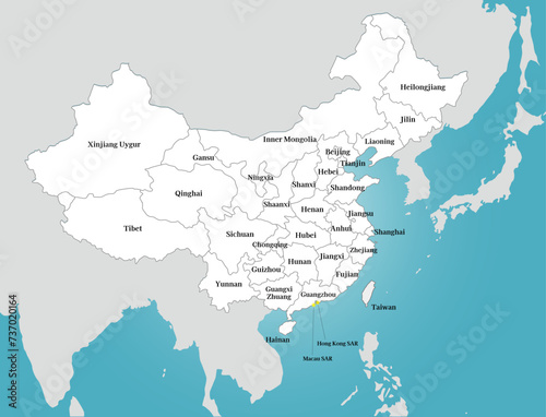 Fototapeta Naklejka Na Ścianę i Meble -  中国と台湾の白地図、ユーラシア大陸と日本のシルエット、英語の地名入り