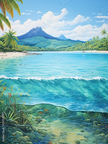 Turquoise Caribbean Shorelines Snow-Capped Mountain Print with Beaches and Distant Peaks © Michael