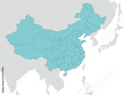 中国と台湾の地図、省の境界線、ユーラシア大陸と日本のシルエット、香港とマカオの場所