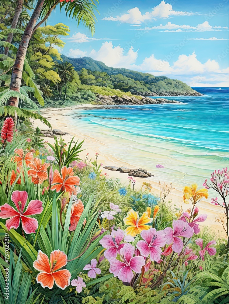 Turquoise Caribbean Shorelines: Blossoming Beach Flora in a Spring Meadow