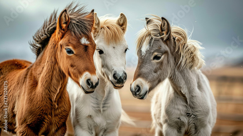 Group of three horses standing next to each other. Suitable for various equestrian themes and countryside scenes © vefimov