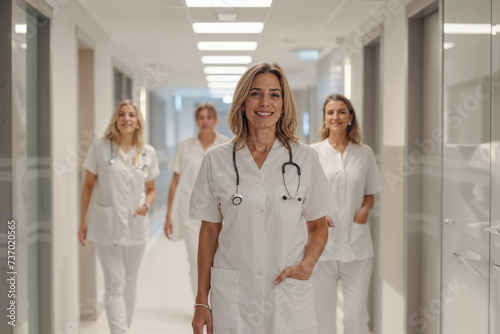 Smiling Nurses in Hospital Corridor. Generative AI.
