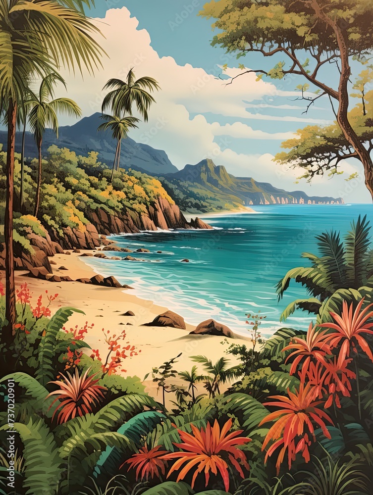 Turquoise Caribbean Shorelines vintage painting: Old-Timey Beach Scene