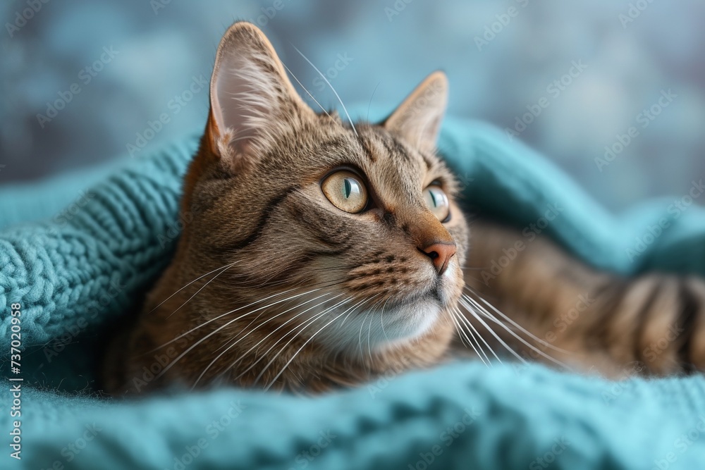 A curious grey cat relaxing on a knitted blanket, showcasing its adorable features and furry coat.