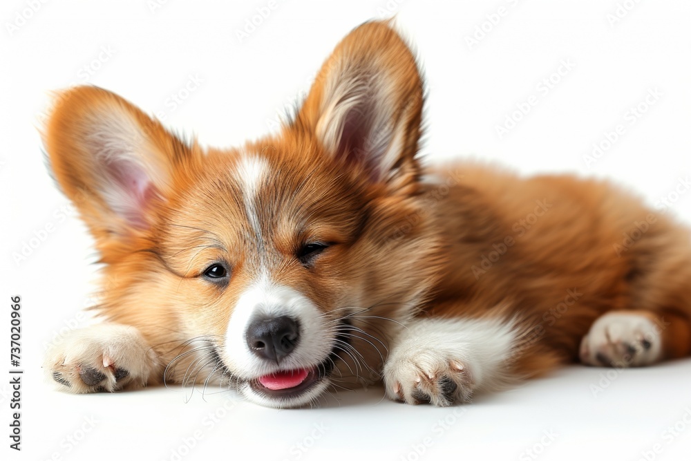 A lovely portrait of a sleepy Pembroke Corgi puppy, showcasing its adorable and fluffy appearance.