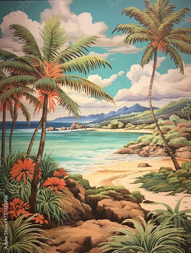 Turquoise Caribbean Shorelines  Vintage Painting of an Old-Timey Beach Scene