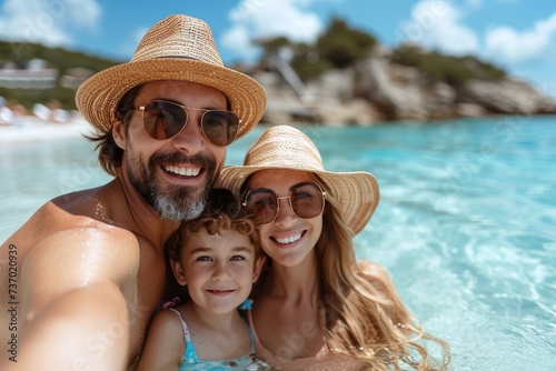 A happy family on a summer vacation, enjoying relaxation by the beach, capturing moments with a selfie.