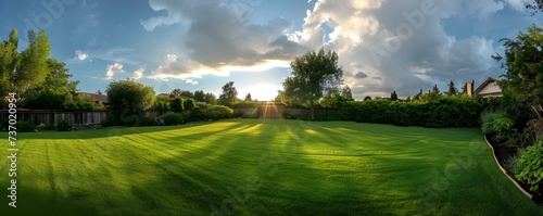 Morning sunlight illuminates a stunning backyard with lush green grass under cloudy skies. Concept Morning Sunlight, Backyard Beauty, Lush Green Grass, Cloudy Skies, Stunning Illumination © Ян Заболотний