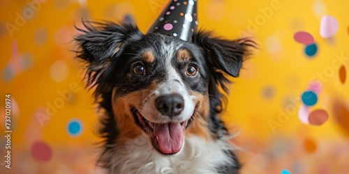 A joyful Border Collie in a party hat celebrates a cute and adorable birthday.