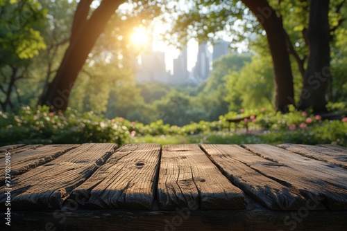 A peaceful picnic spot in a green nature setting with a wooden bench and bokeh background.