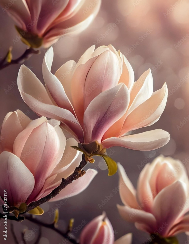 Piękne różowo - brzoskwiniowe kwiaty Magnolii. Generative AI - obrazy, fototapety, plakaty 