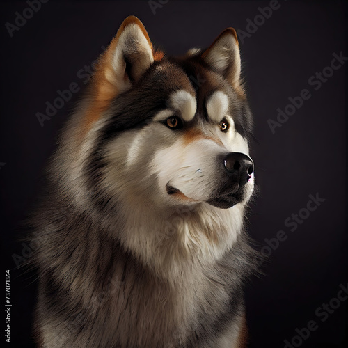 Regal Alaskan Malamute Portrait against Dark Background