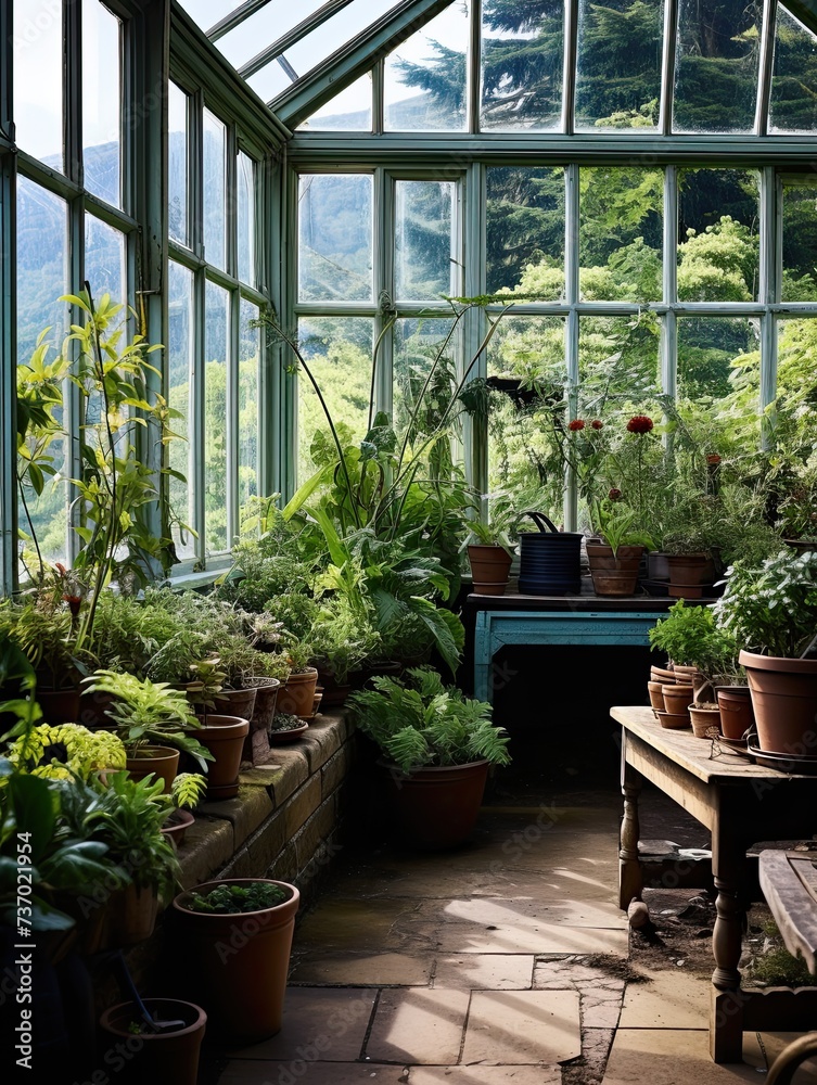 Victorian Greenhouse Botanicals: Rural Plant Conservatory, Countryside View