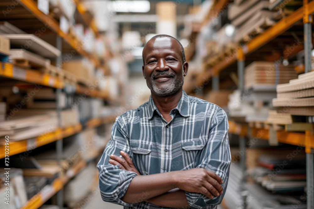 Smiling middle-aged African man in a hardware warehouse, standing with arms folded in the middle of a building materials aisle Smiling middle-aged African man in a hardware warehouse, standing with arms folded in the middle of a building materials aisle