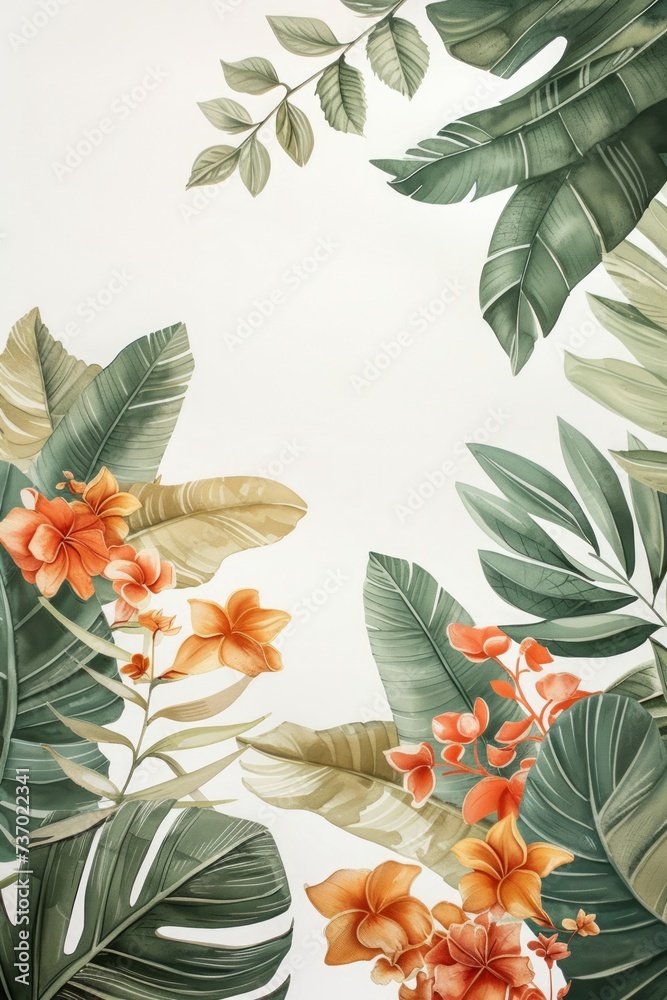 Fototapeta premium Exotic Tropical Leaves Watercolor Border with Delicate Flowers