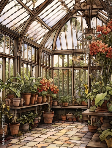 Victorian Greenhouse Botanicals - Earth Tones Art: Captivating Natural Greenhouse Colors