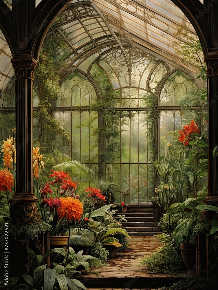 Victorian Greenhouse Botanicals: Enchanting Forest Wall Art amidst Woodland Greenhouses