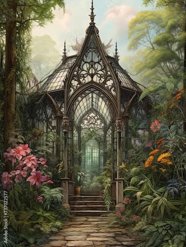 Victorian Greenhouse Botanicals  Enchanting Forest Wall Art Featuring Greenhouses Amidst the Woods