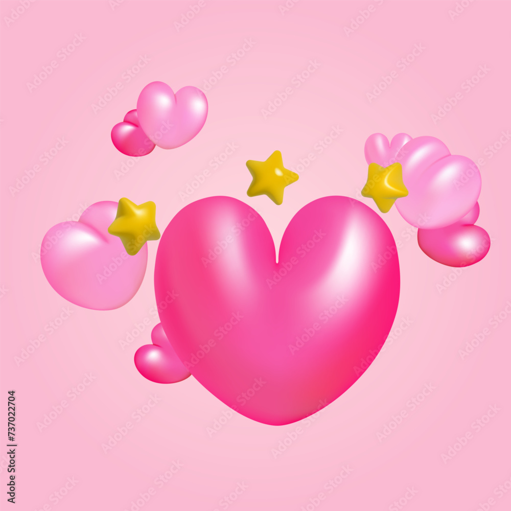 3d pink hearts with stars vector illustration design.