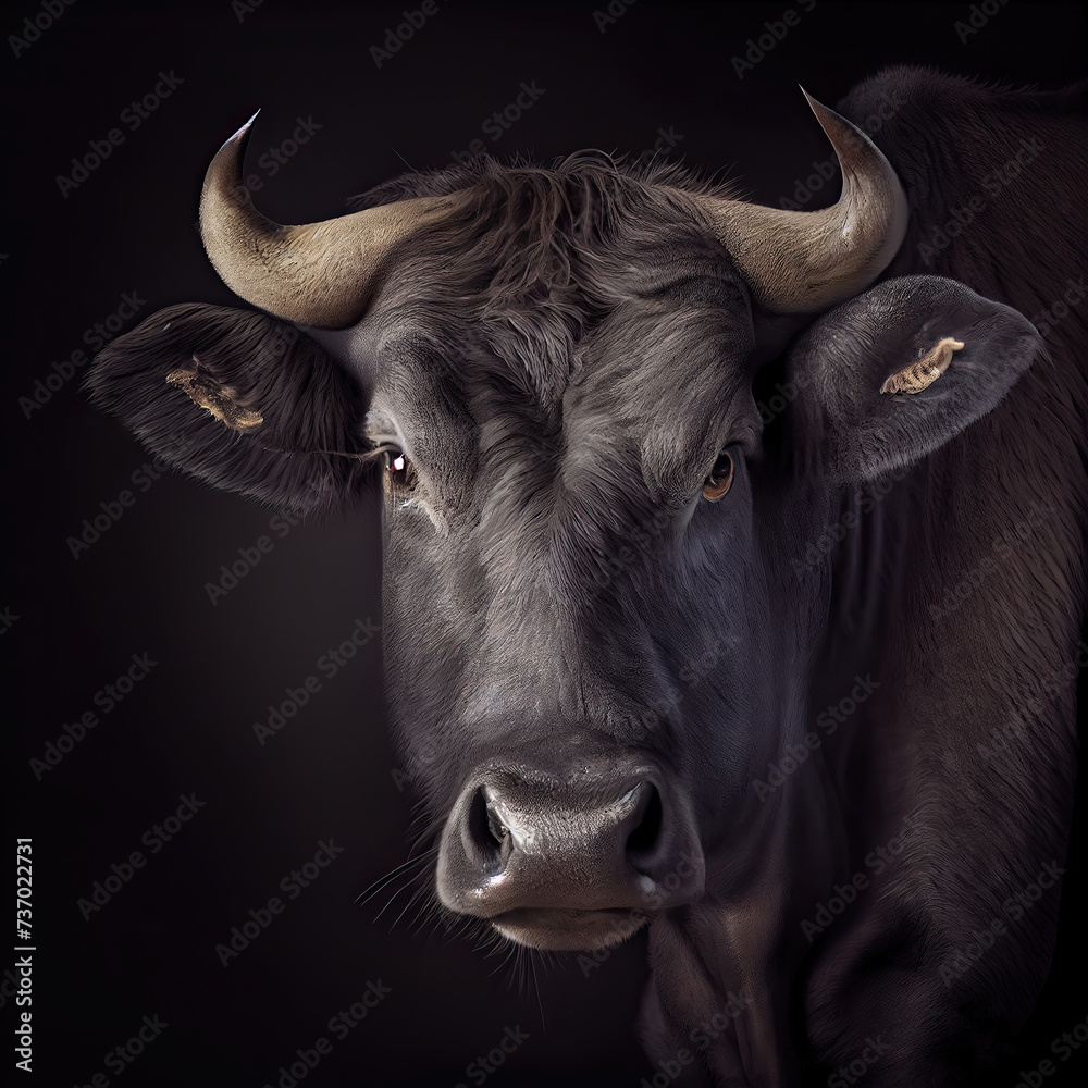 Naklejka premium Majestic Water Buffalo Portrait with Dark Studio Background