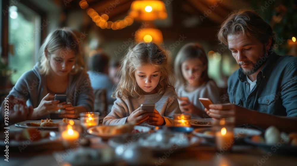 Family member with mobile phone disconnect in family gatherings with an image of individuals seated around a table, each engrossed in their smartphones instead of engaging in conversation.