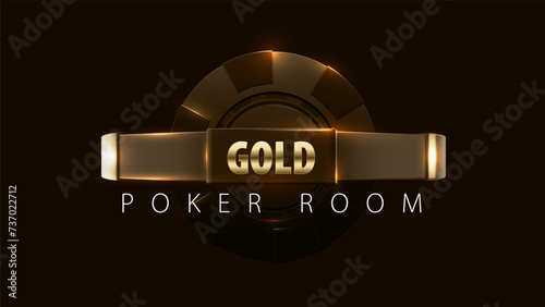 Golden light casino poker chip banner. Vector realistic dark night gamble mysterious background. Poker club, blackjack or online casino banner. Shiny casino Gold poker room text header