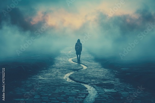 dilemma of choice with an image of a person standing at a crossroads, surrounded by multiple paths leading in different directions, symbolizing the uncertainty of which direction to take