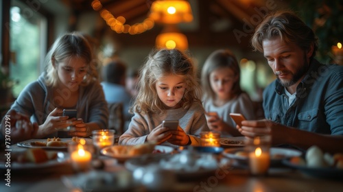 Family member with mobile phone disconnect in family gatherings with an image of individuals seated around a table, each engrossed in their smartphones instead of engaging in conversation. photo