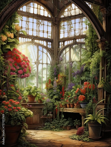 Victorian Greenhouse Botanicals: Exotic Plants Thriving under Victorian Roofs on a Serene Island