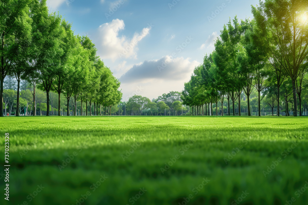 Obraz premium Picturesque field of grass with beautiful trees in background. Perfect for nature and landscape themes