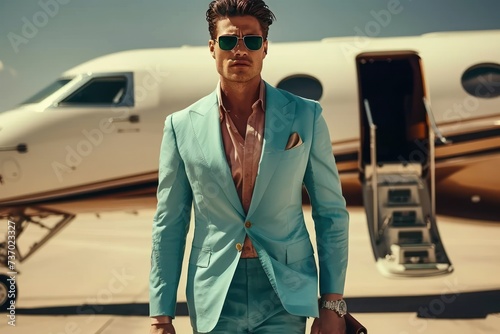 Well dressed man with sunglasses carrying a briefcase walks on the tarmac away from a luxurious private jet. photo